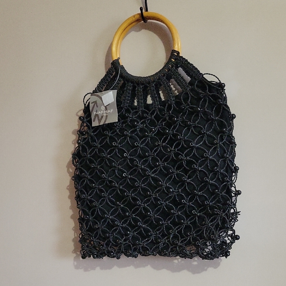 Elegant Black Woven Tote with Wooden Handles